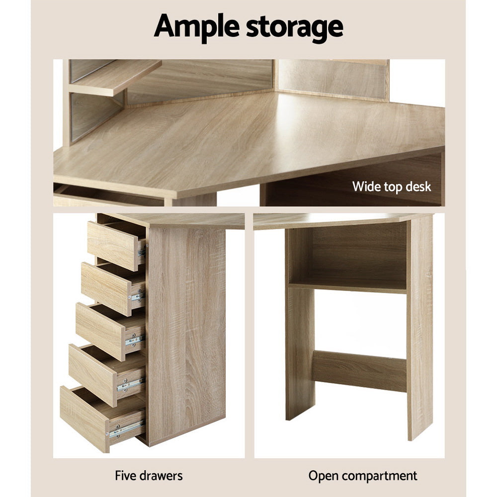 Corner Oak Dressing Table Stool Set 5 Drawers