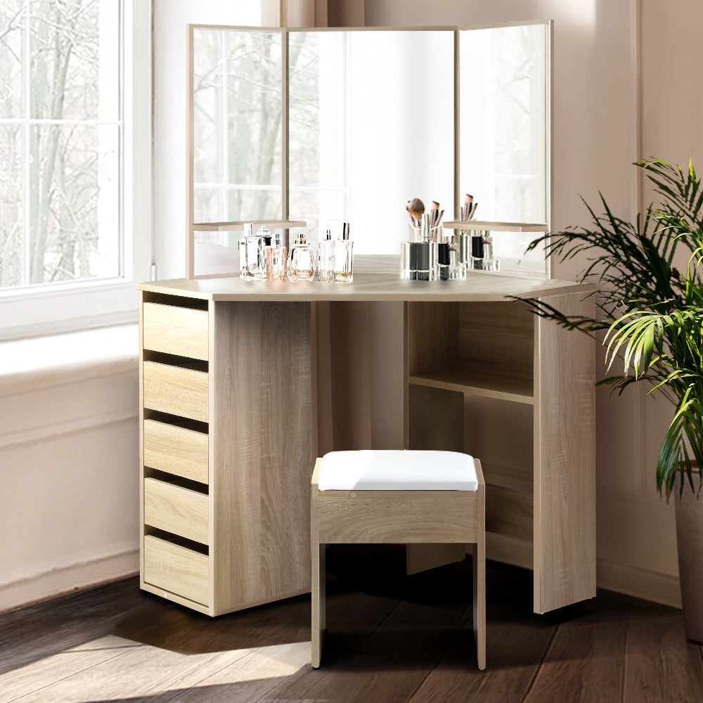 Corner Oak Dressing Table Stool Set 5 Drawers