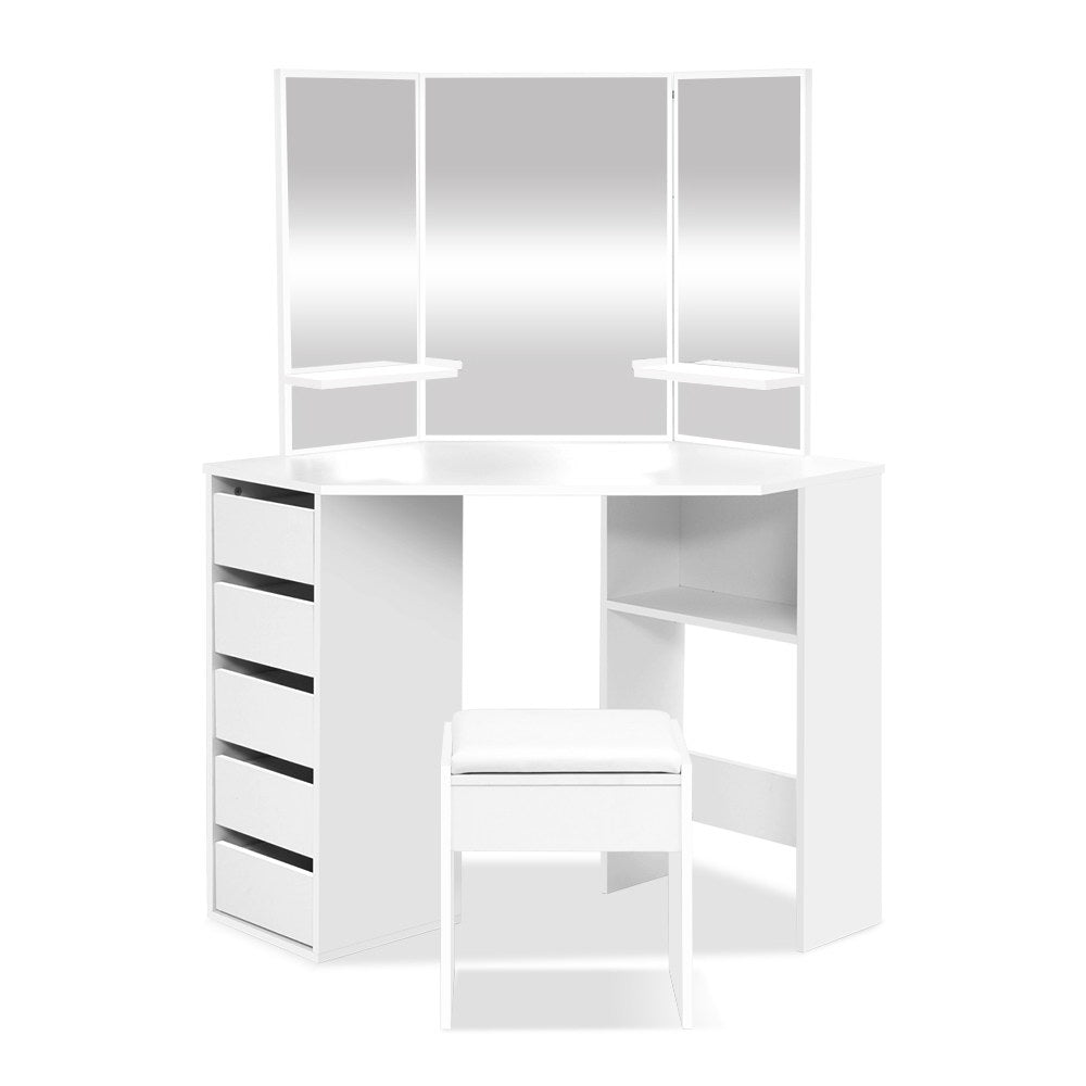Corner 5-Drawer Dressing Table Stool Set White