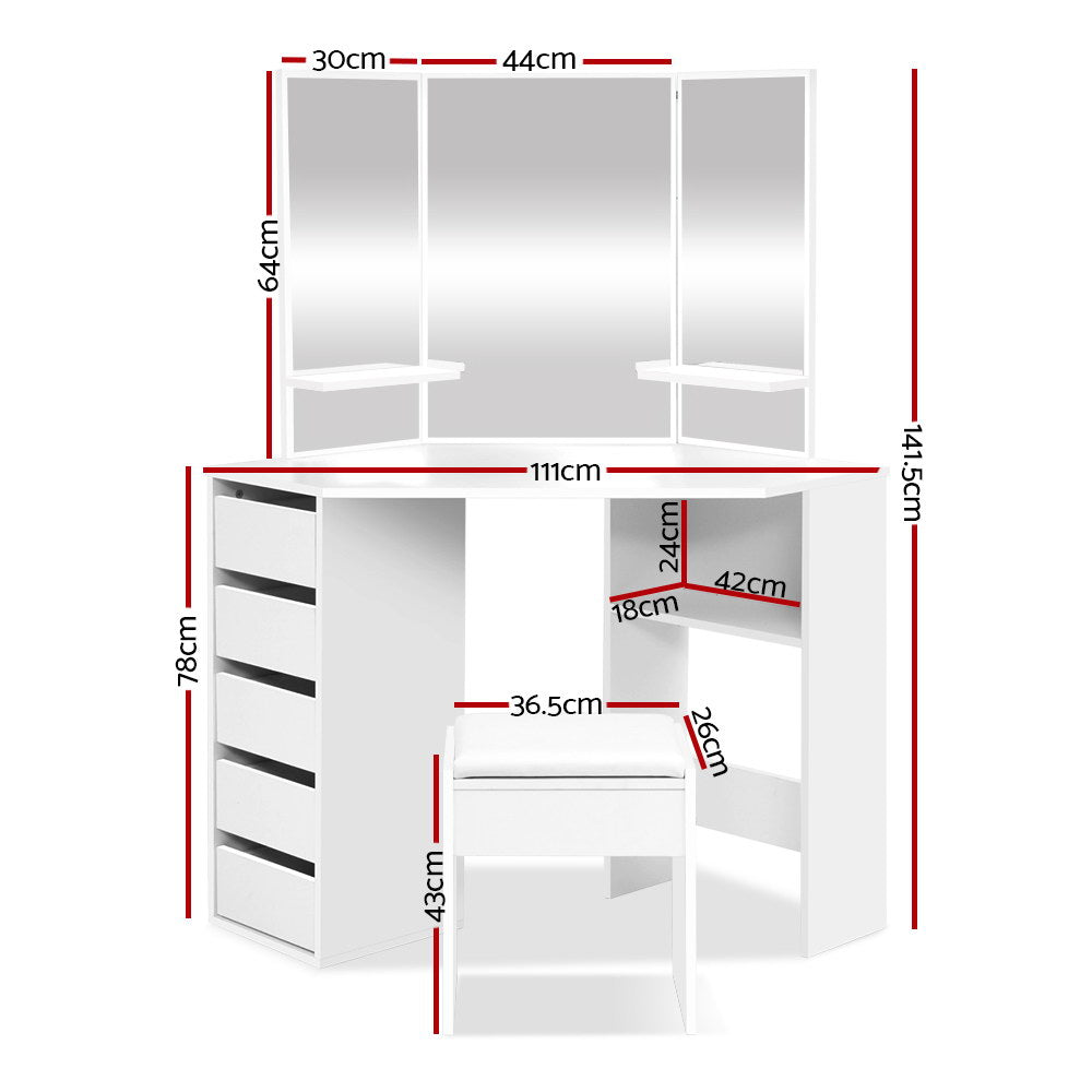 Corner 5-Drawer Dressing Table Stool Set White