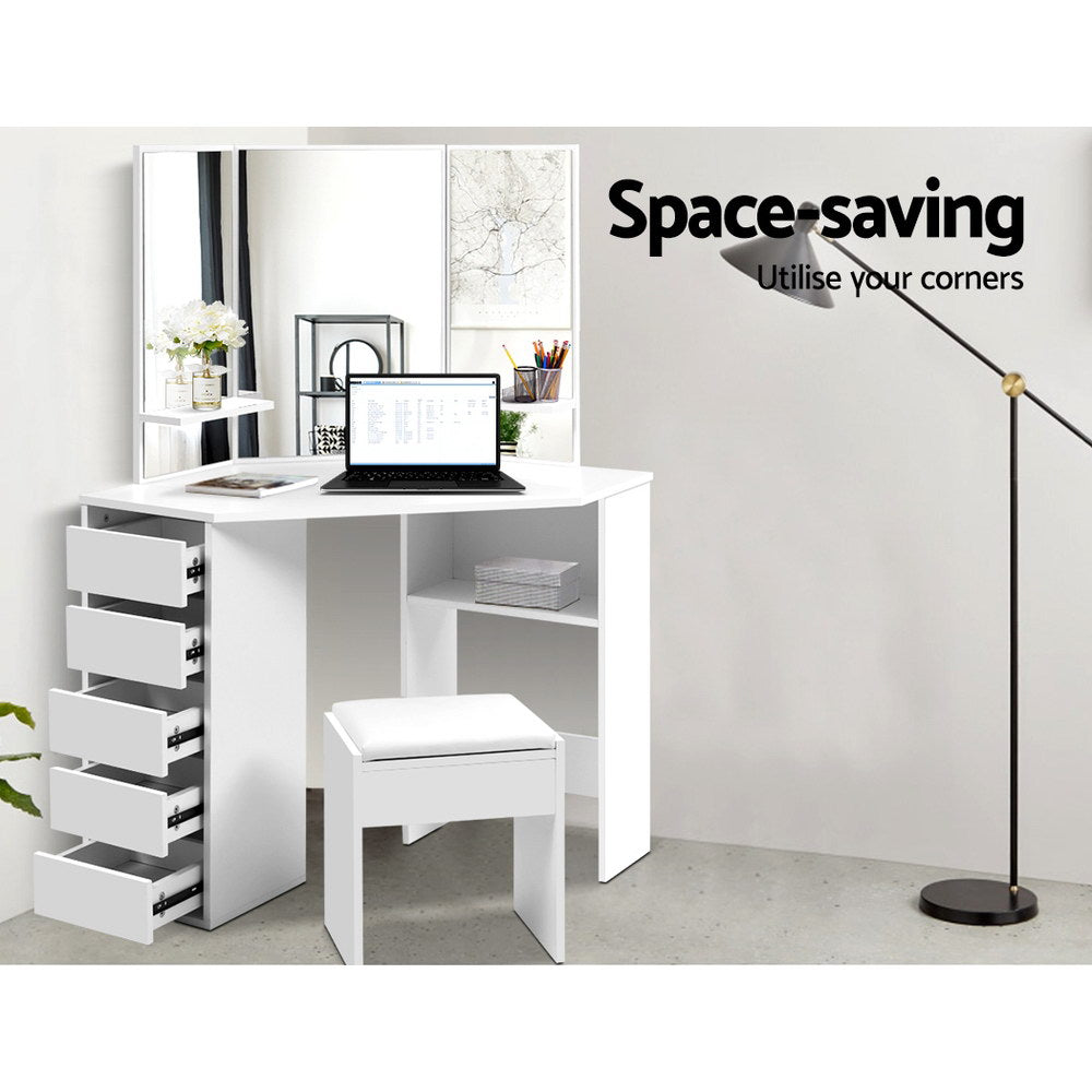 Corner 5-Drawer Dressing Table Stool Set White