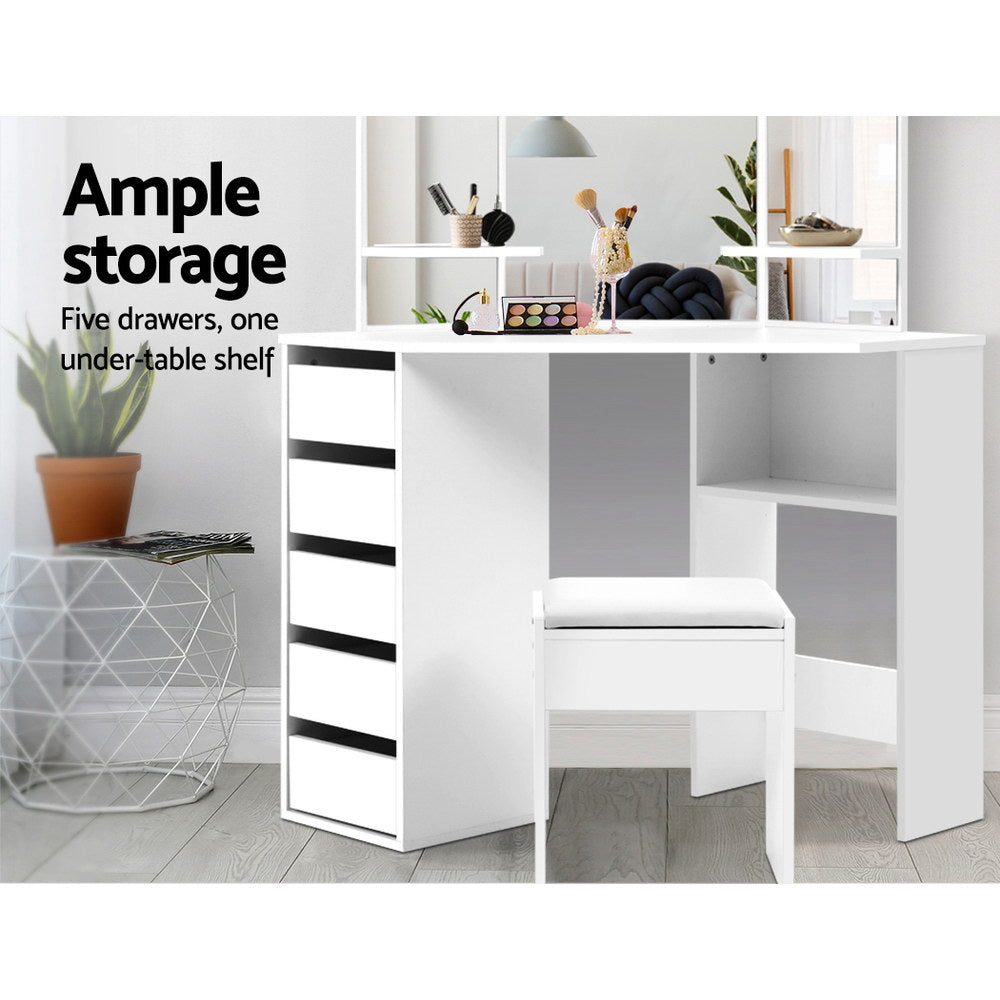 Corner 5-Drawer Dressing Table Stool Set White