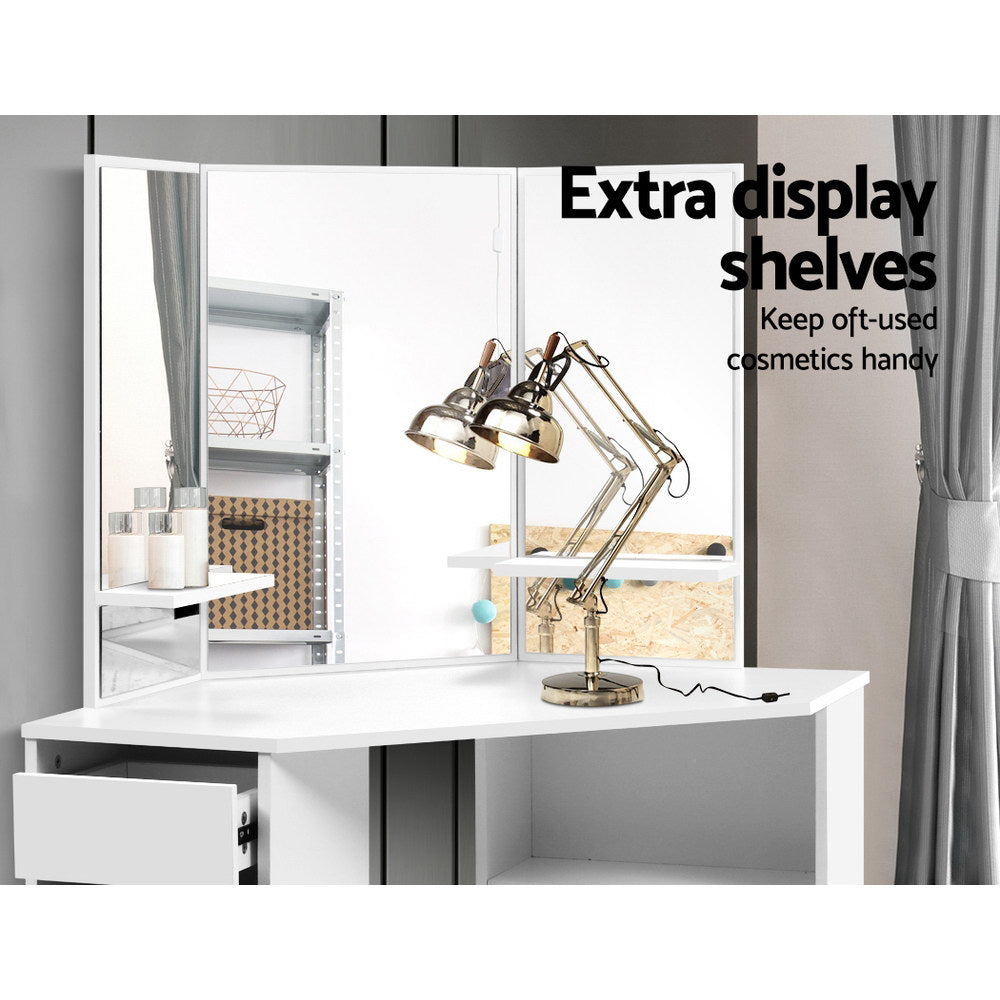 Corner 5-Drawer Dressing Table Stool Set White