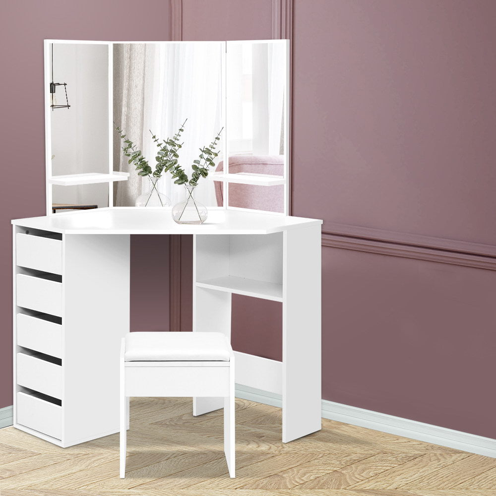 Artiss Corner Dressing Table and Stool Set 5 Drawers White