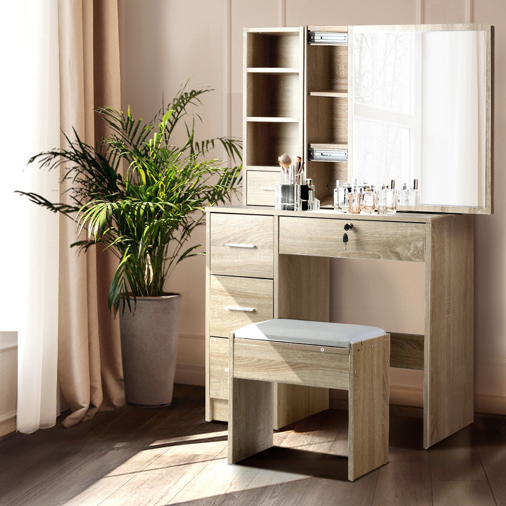 Diane Dressing Table Set with Stool and Sliding Mirror Oak
