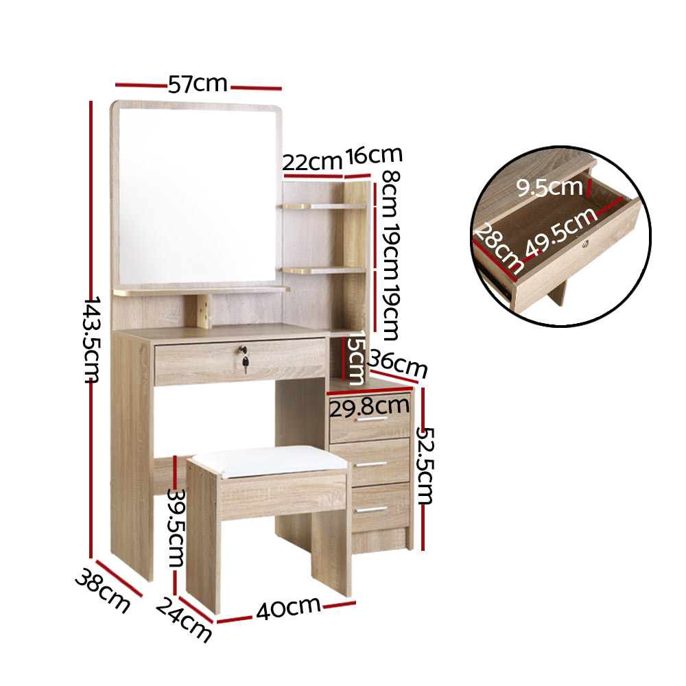 Artiss Oak Dressing Table Set 4 Drawers with Stool