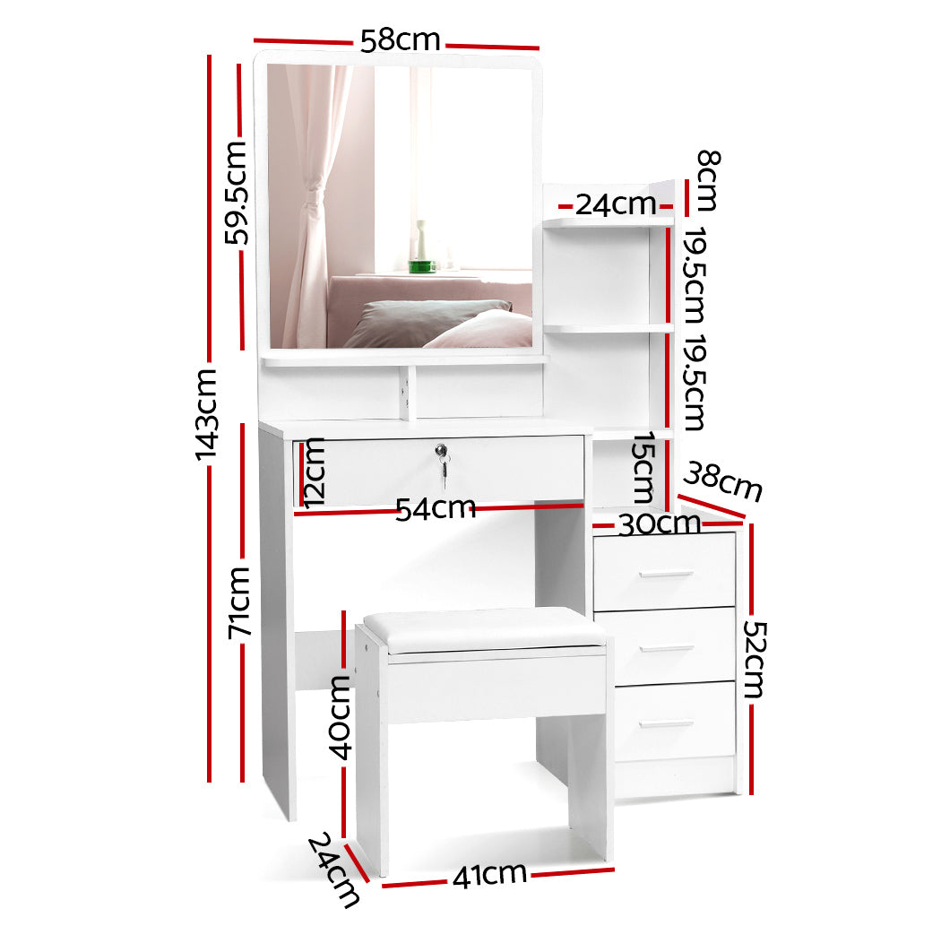 White Dressing Table Set 4 Drawers with Stool