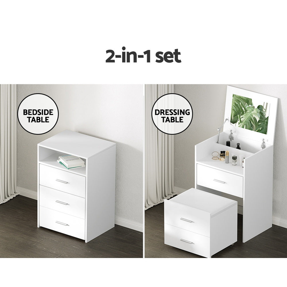 Artiss White Dressing Table and Stool Set with Hidden Mirror