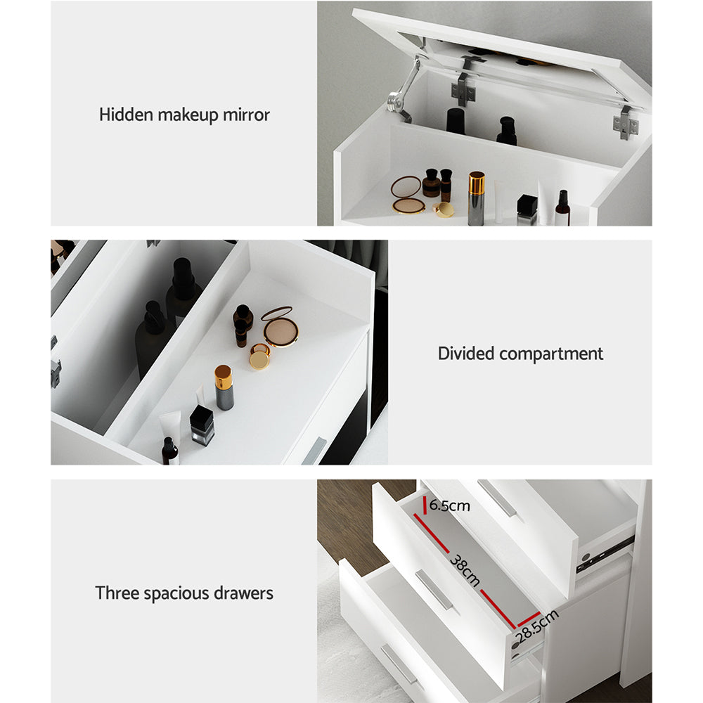 Artiss White Dressing Table and Stool Set with Hidden Mirror