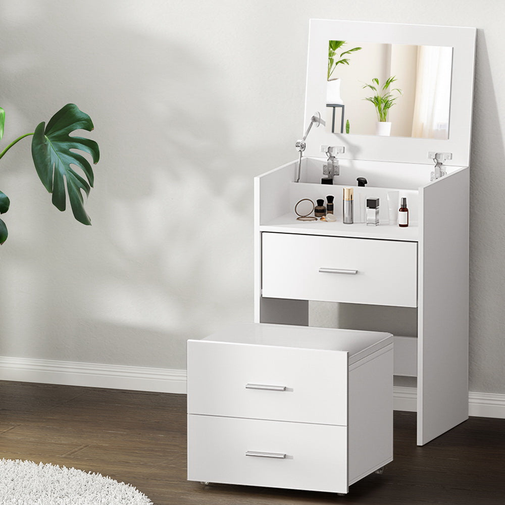 Artiss White Dressing Table and Stool Set with Hidden Mirror