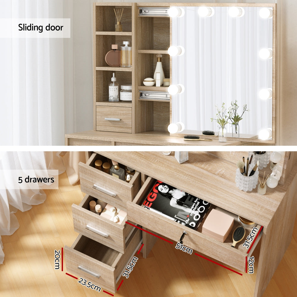Hollywood Dressing Table Set 10 LED Bulbs Wood