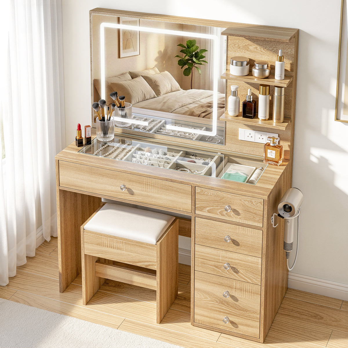 Artiss Dressing Table LED Vanity Desk Set with Stool Wood