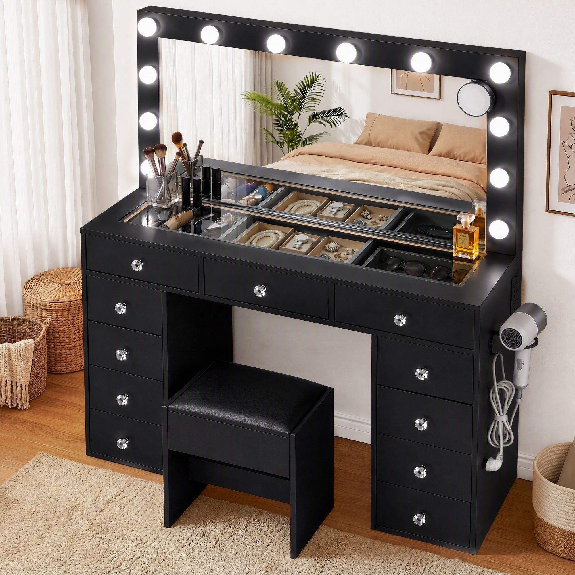 Artiss Dressing Table Charging Station LED Vanity Desk Set Stool Glass Top Make up Mirror Storage Drawer Black