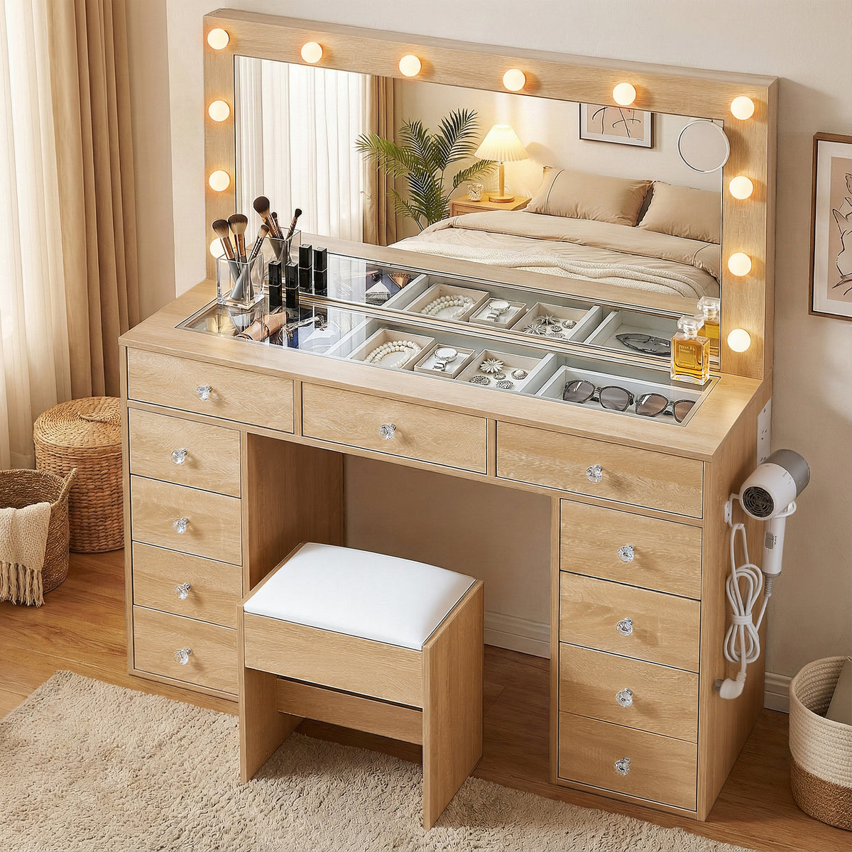 Artiss Dressing Table Vanity Desk Set with Stool and LED Bulbs in Wood