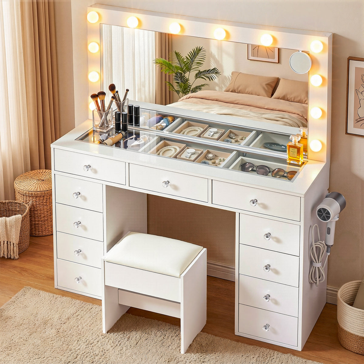 Artiss Dressing Table Vanity Desk with Stool LED White