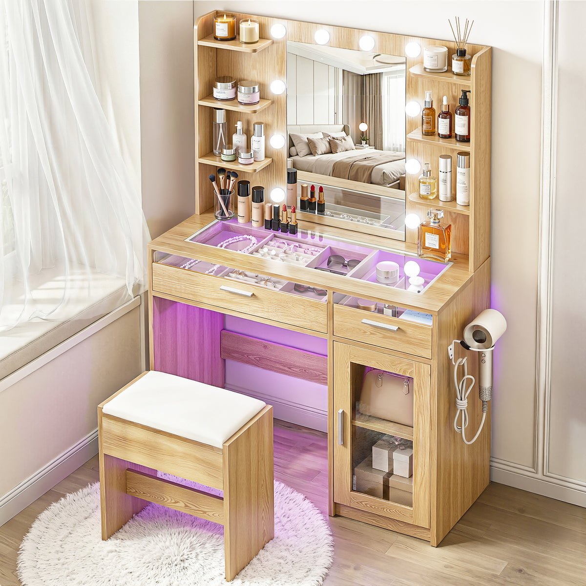 Artiss Dressing Table Vanity Desk Set with 10 LED Bulbs, Wood