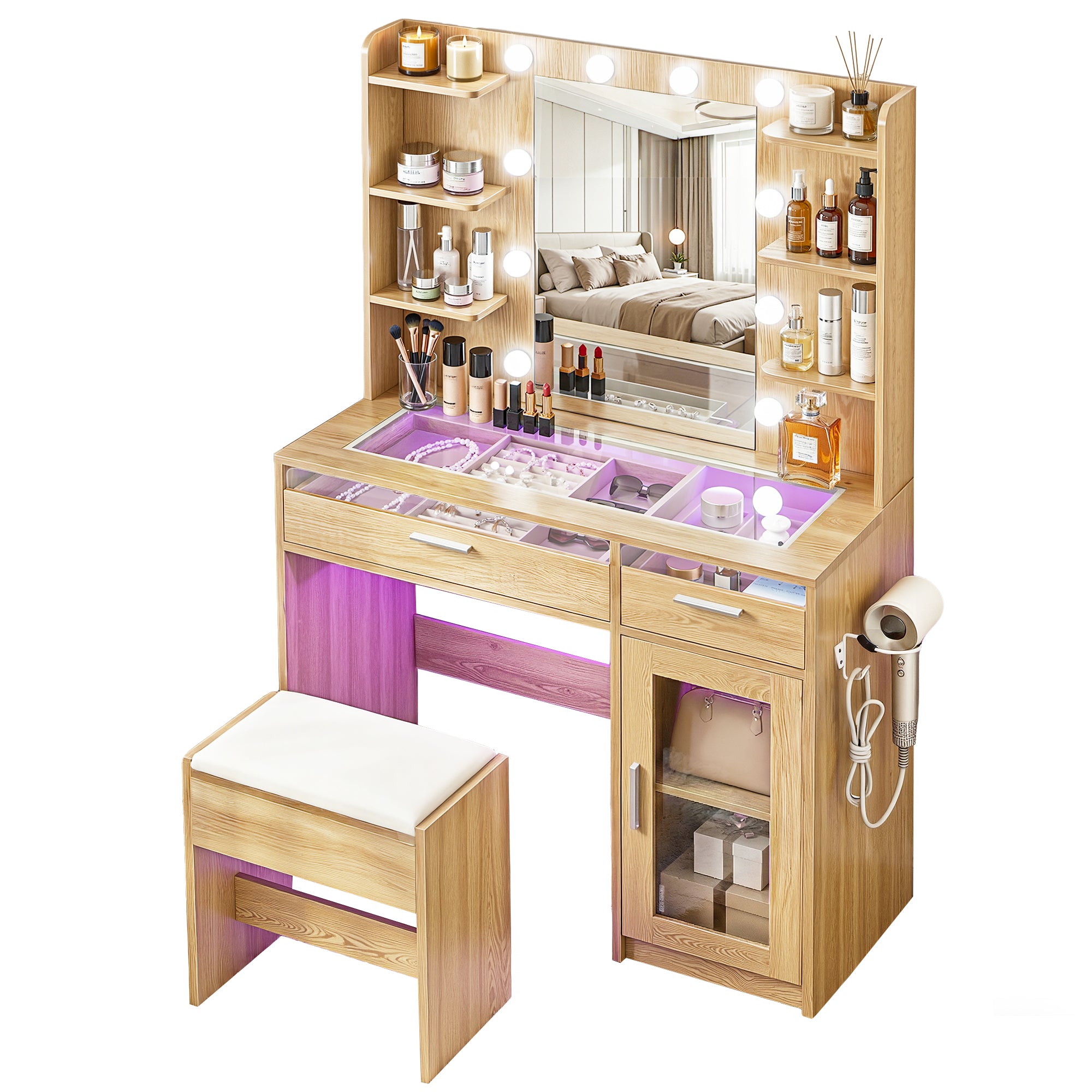 Artiss Dressing Table Vanity Desk Set 10 LED Bulbs RGB Light Wood