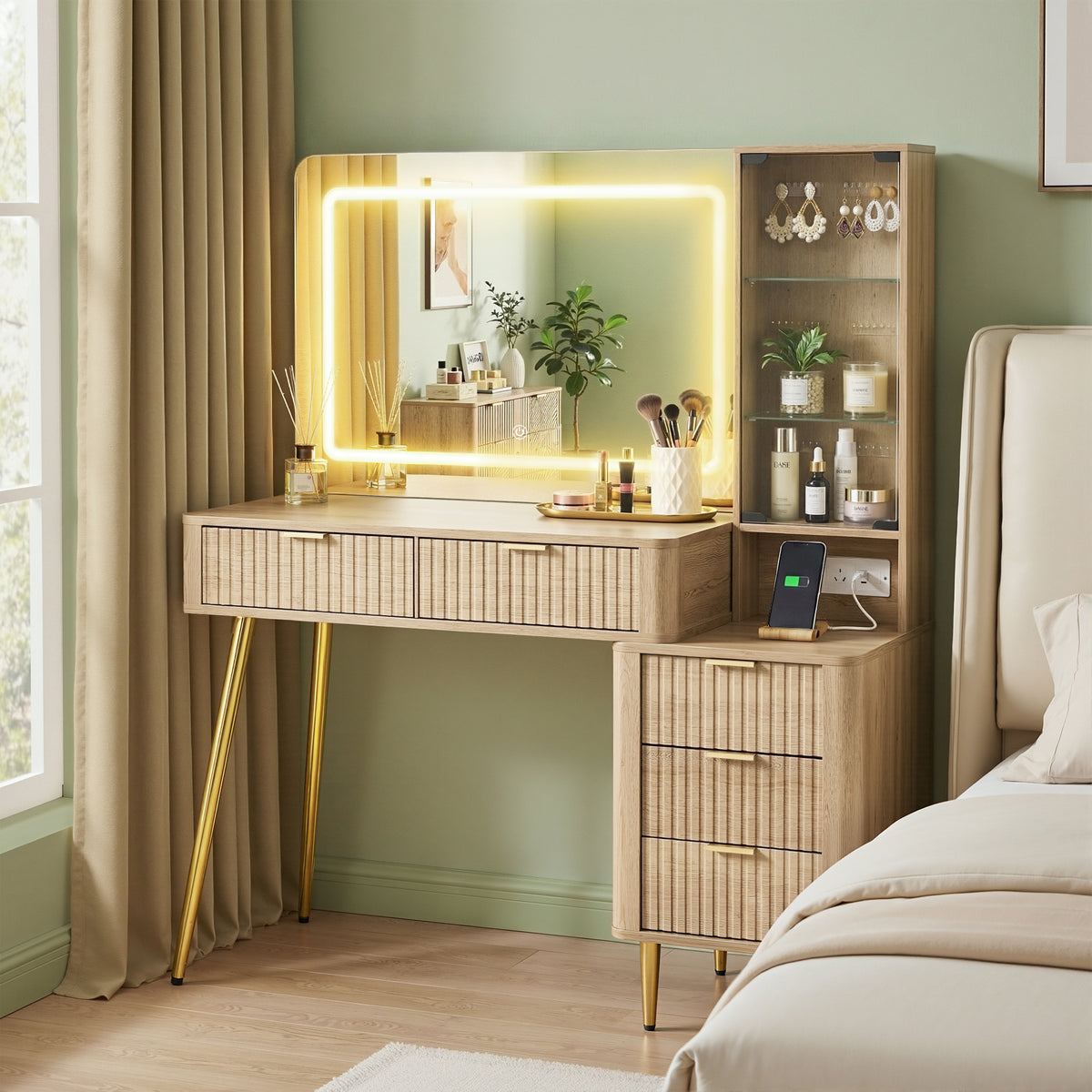Artiss LED Dressing Table Vanity Desk with Charging Station Wood