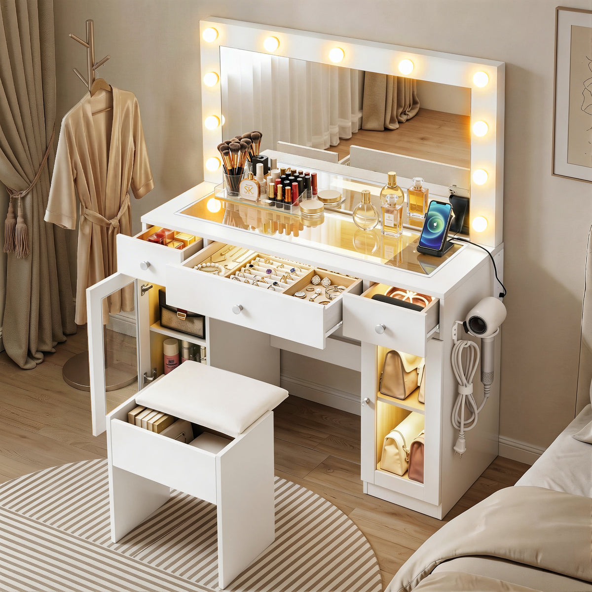 Artiss LED Dressing Table Vanity Desk with Stool White