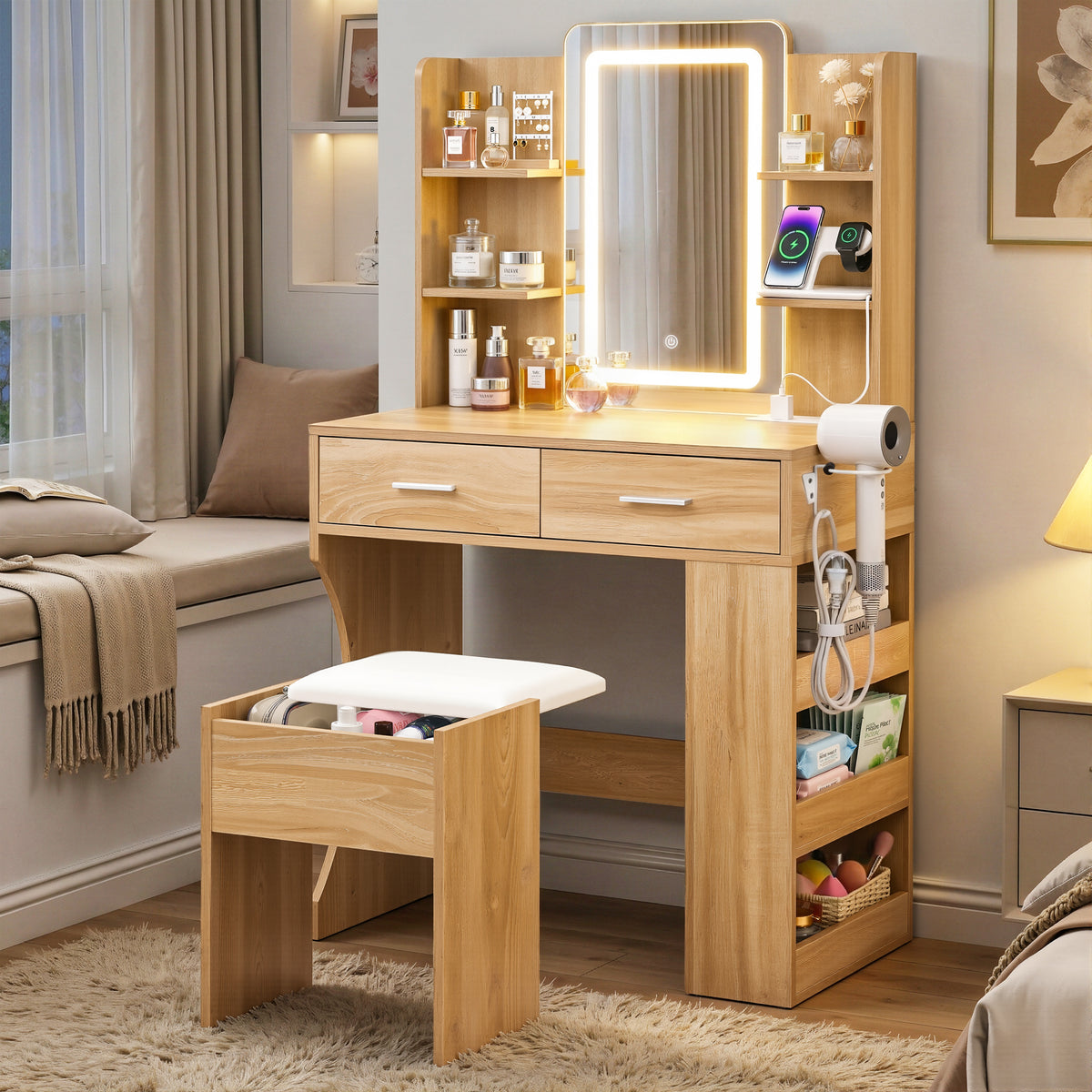 Artiss LED Vanity Desk Dressing Table with Stool Wood