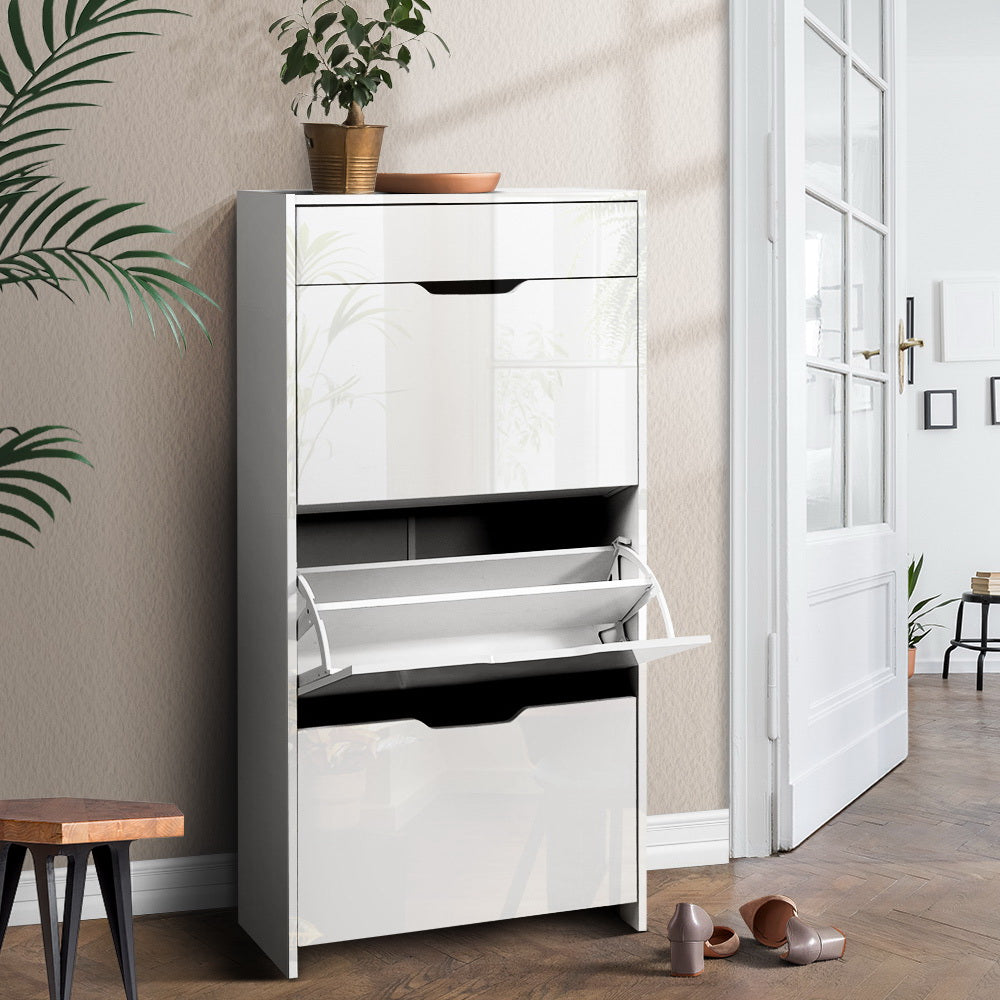 Luna Shoe Rack Cabinet 24 Pairs White with Drawer