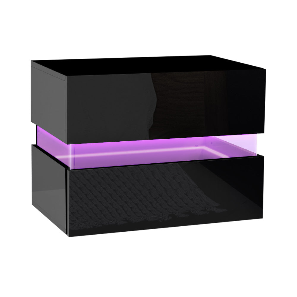 Lumi Bedside Table with LED Lighting, 2 Drawers, Black