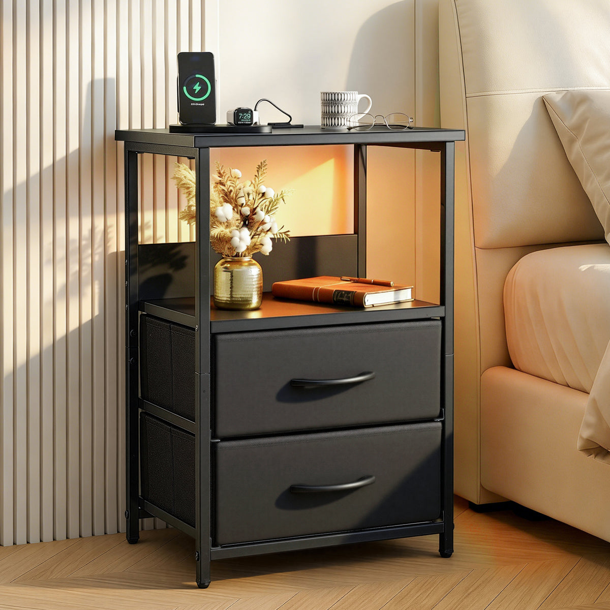 Artiss Bedside Table with LED Lights and Charging Station, Black