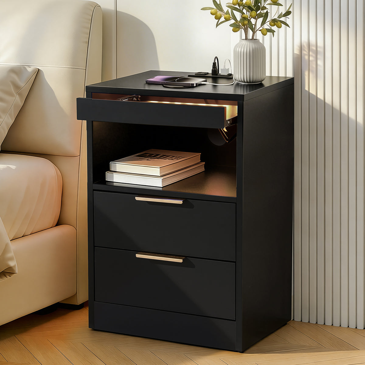 Artiss Bedside Table LED Nightstand 2 Drawer Charging Station Black