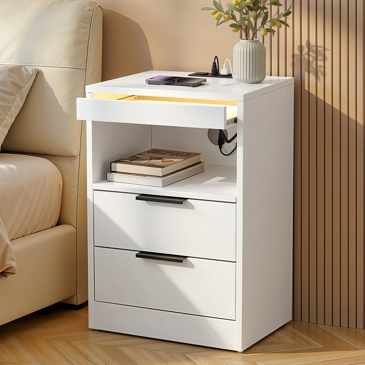 Artiss Bedside Table with LED and Charging Station, White