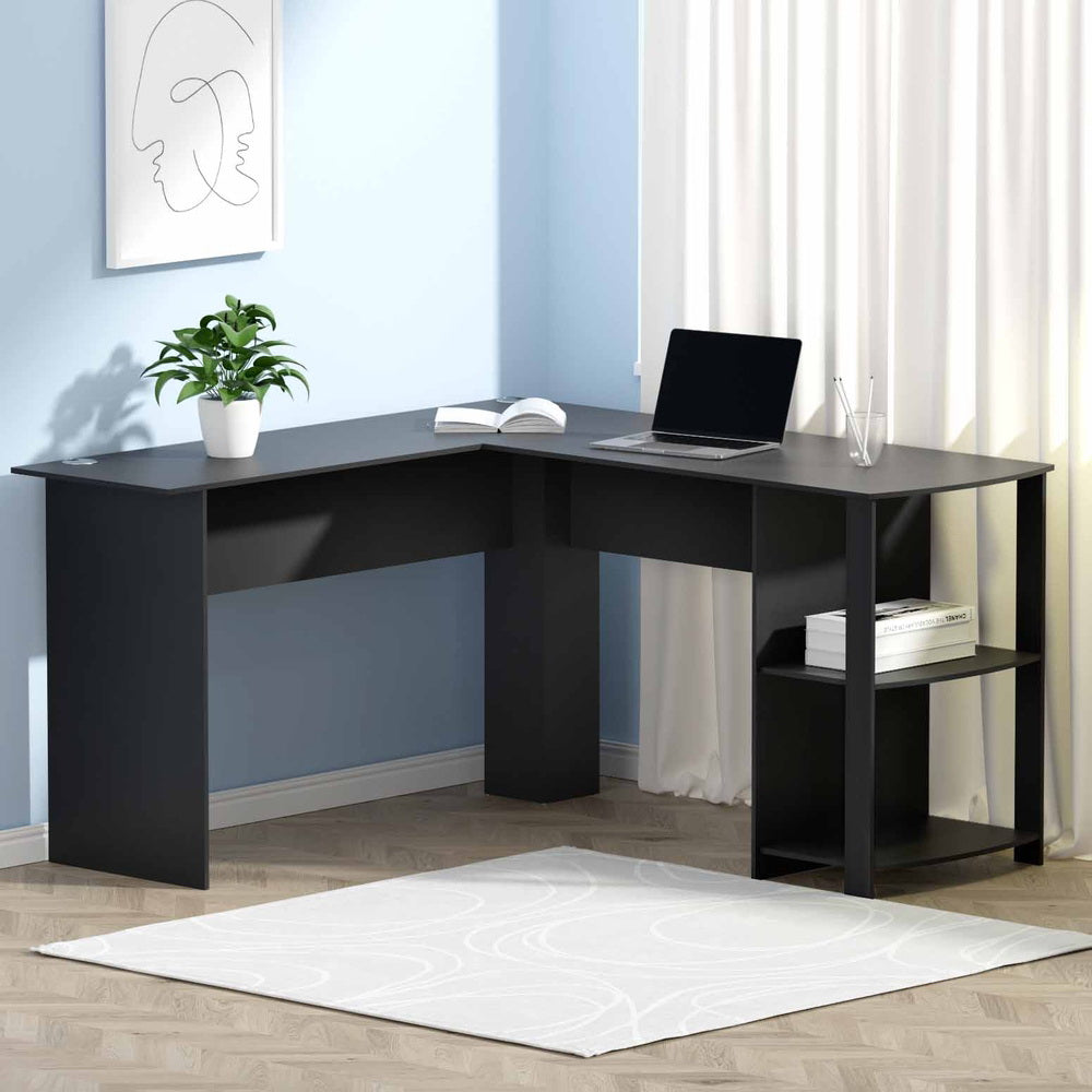 Ronald L-Shape Computer Desk with Shelves Black 136cm