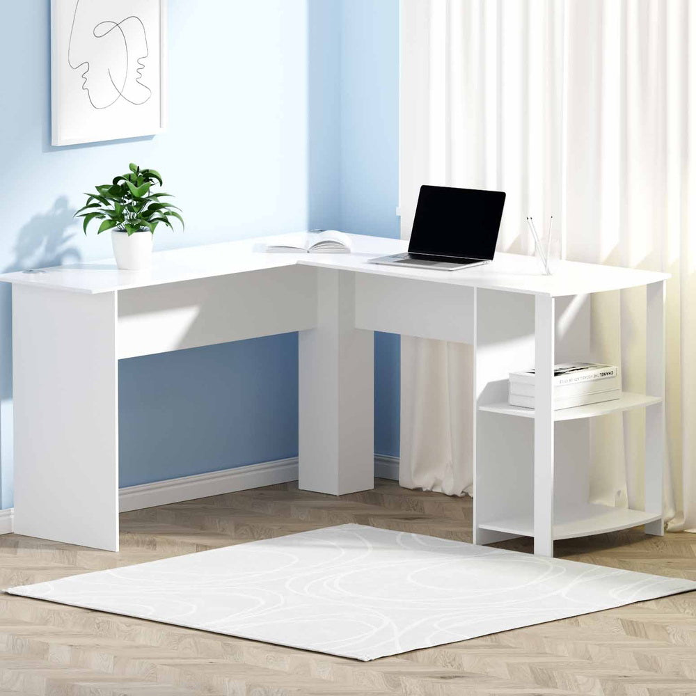 Ronald L-Shape Computer Desk with Shelves White 136cm
