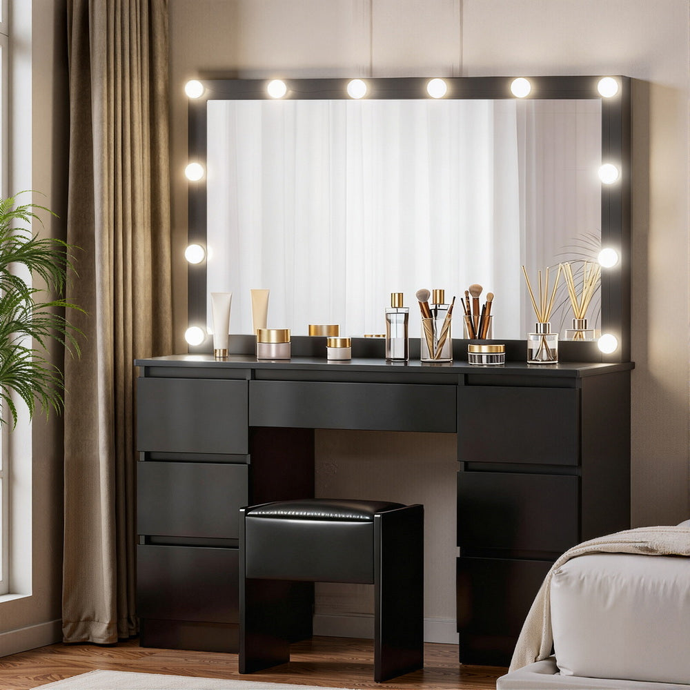 Artiss Dressing Table Vanity Desk Set with LED Lights and Stool Black