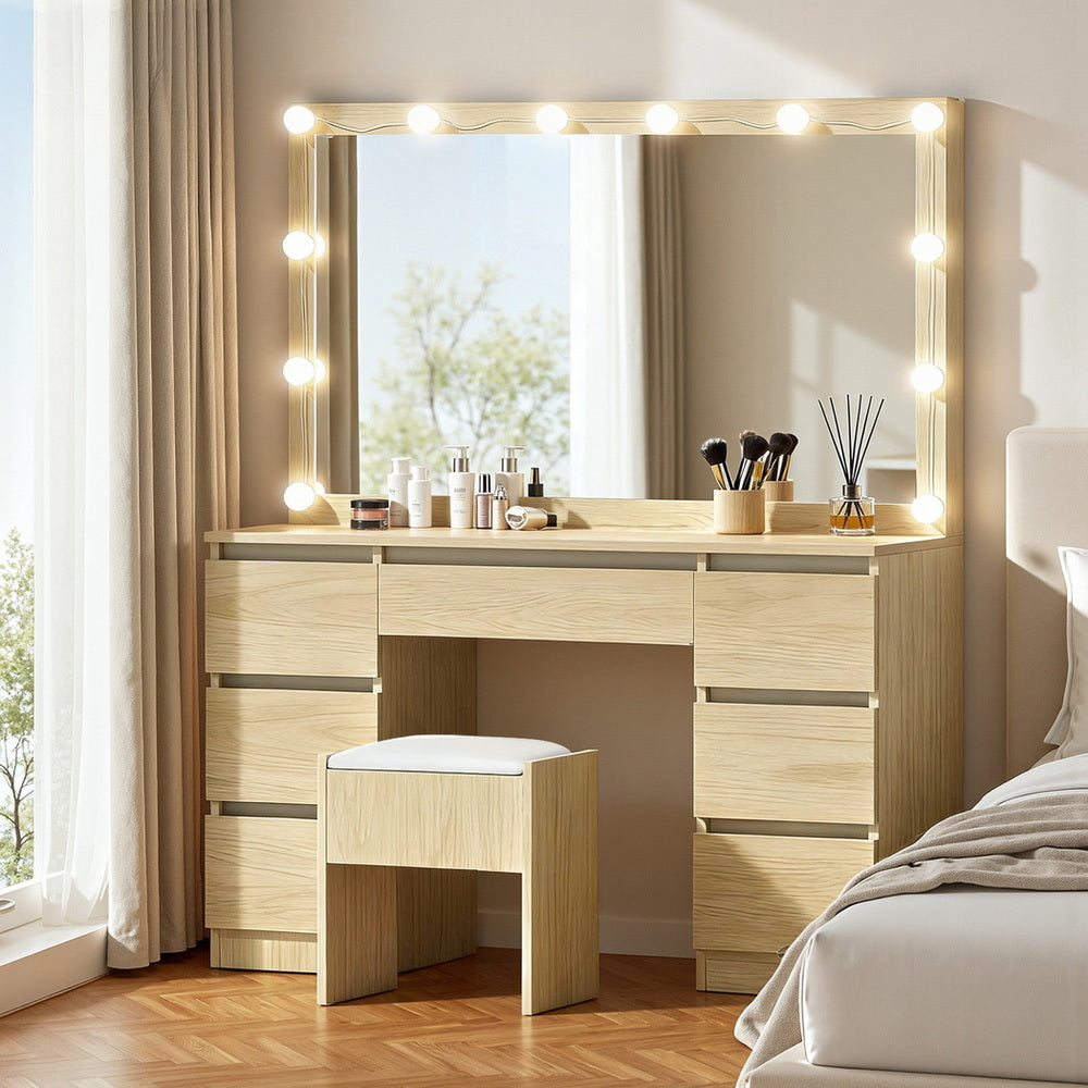 Artiss Dressing Table Vanity Desk Set with Stool 12 LED Bulbs Wood