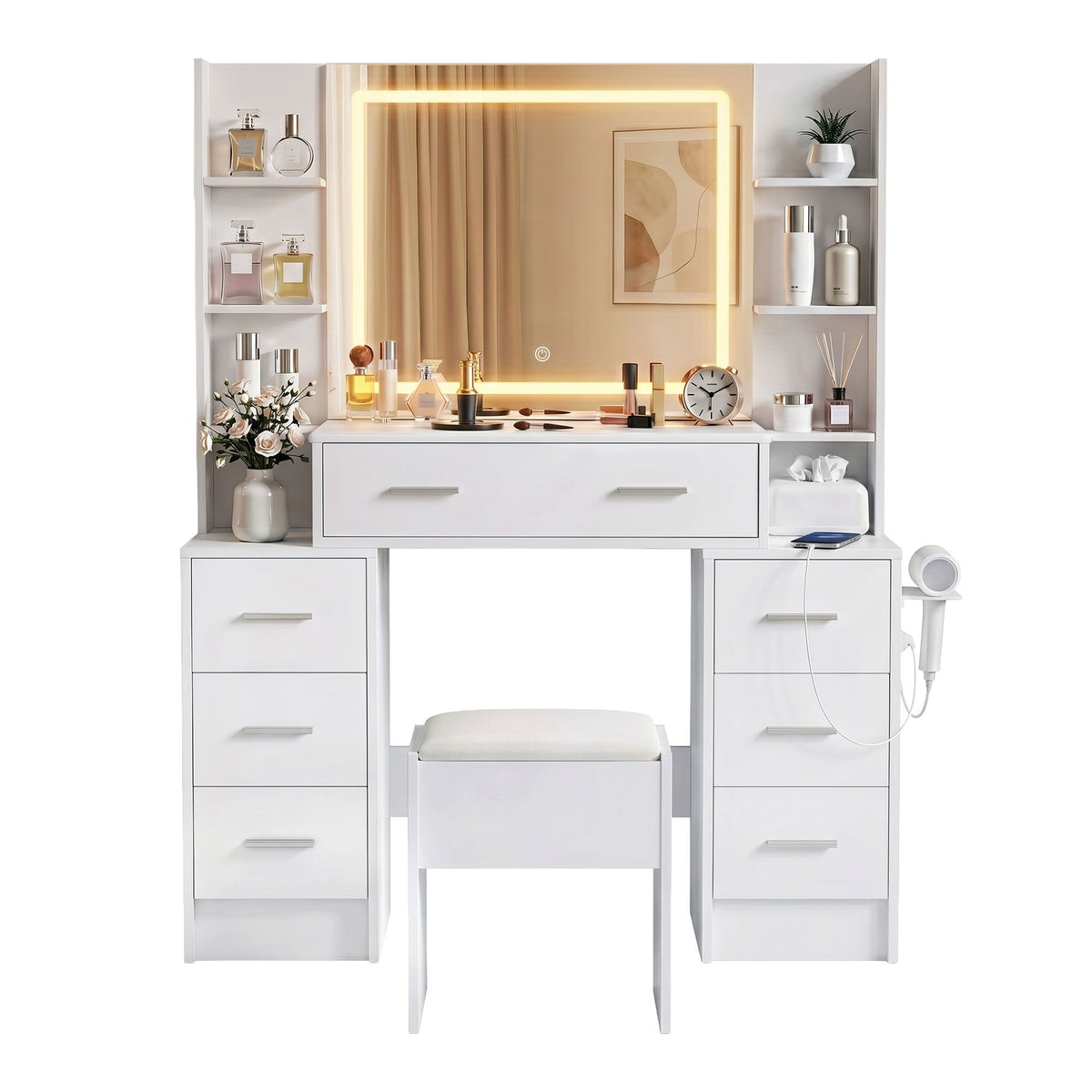 Artiss Dressing Table Vanity Desk Set with Stool LED Mirror White