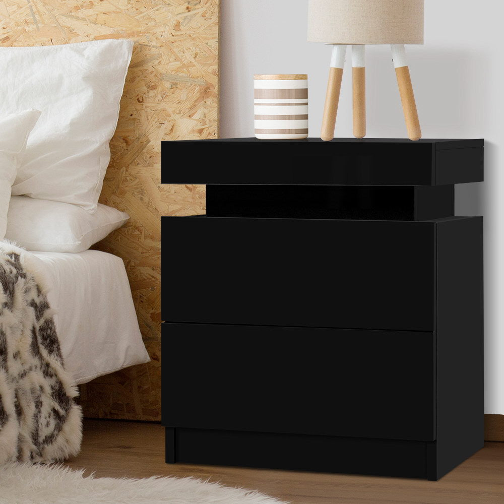 Coley Bedside Table 2 Drawers Lift-up Storage Black