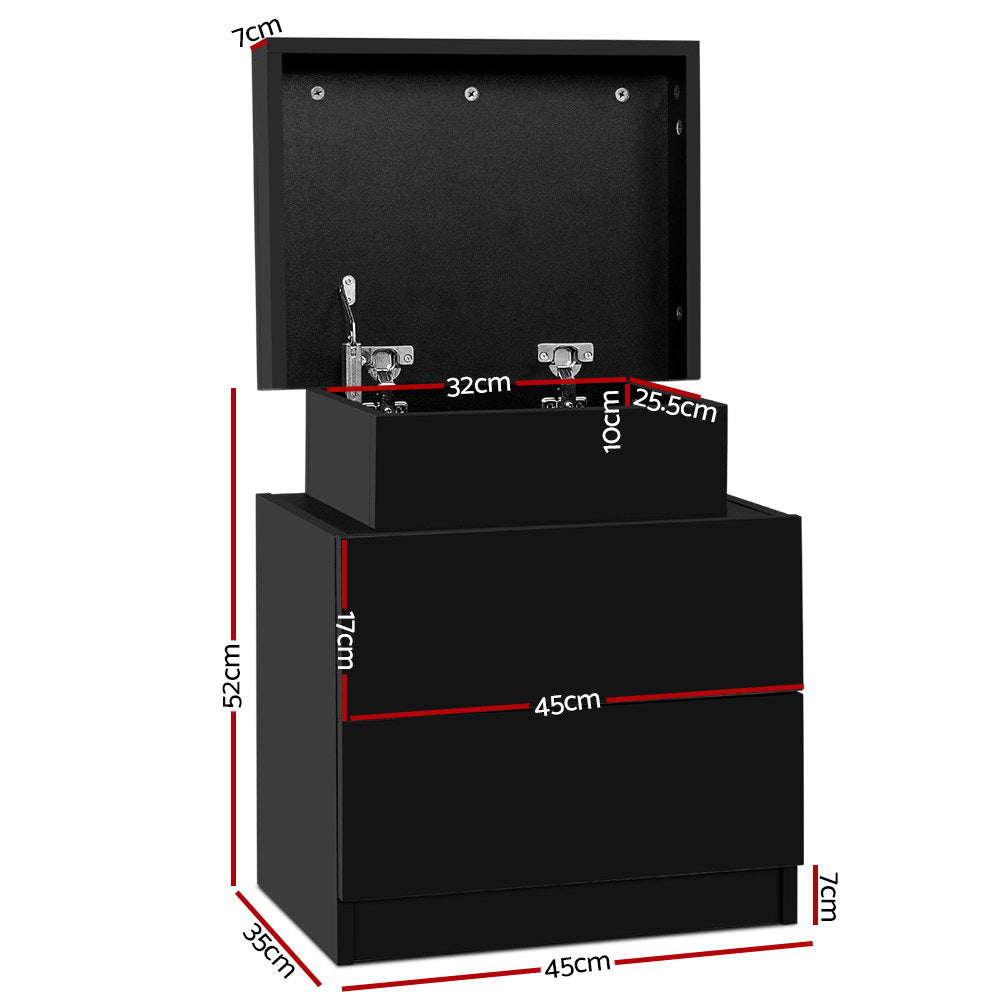 Coley Bedside Table 2 Drawers Lift-up Storage Black