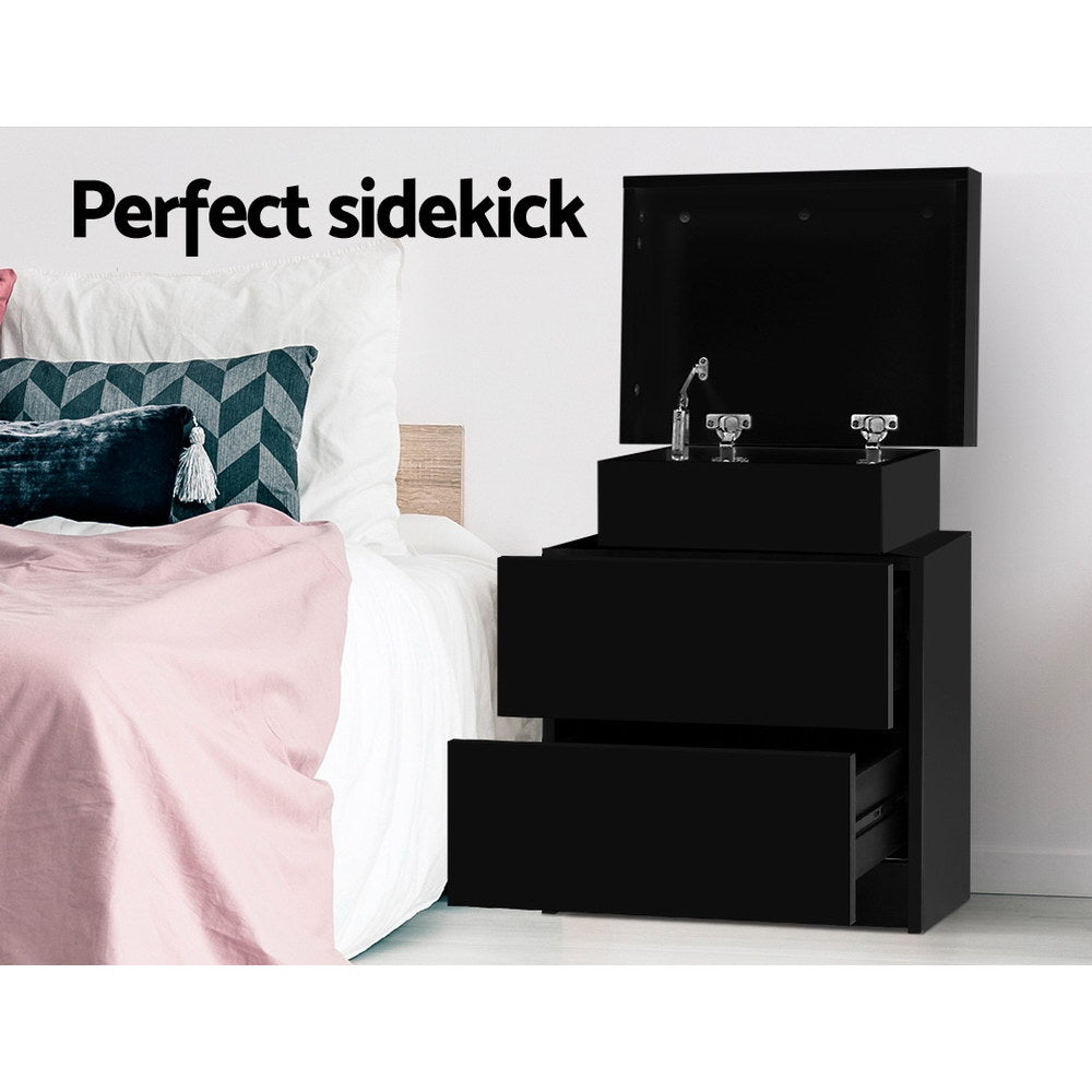 Coley Bedside Table 2 Drawers Lift-up Storage Black