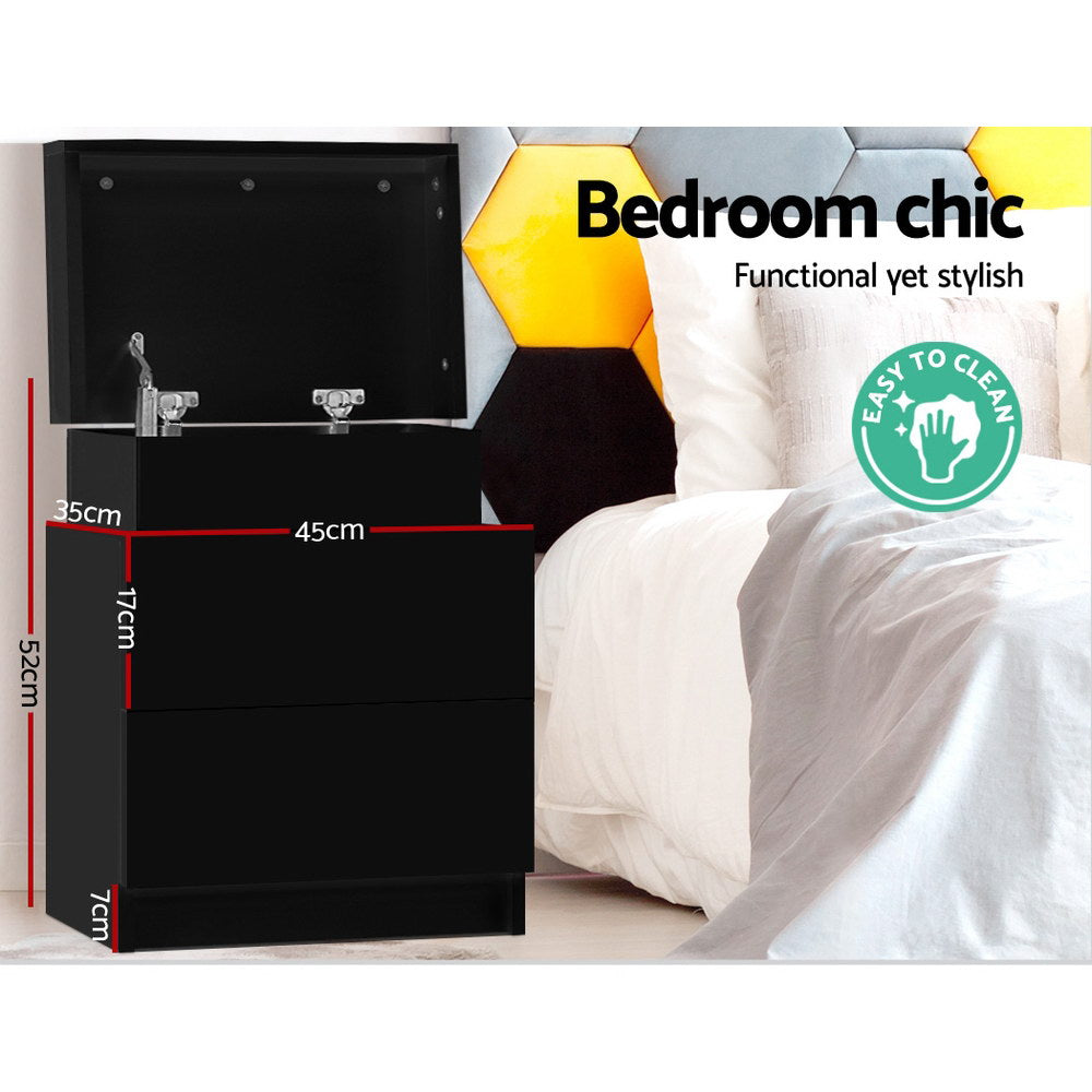 Coley Bedside Table 2 Drawers Lift-up Storage Black