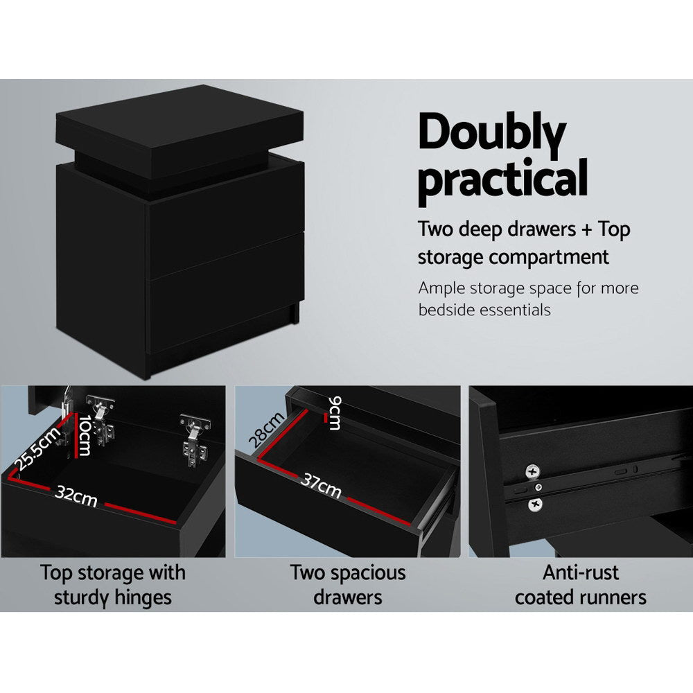 Coley Bedside Table 2 Drawers Lift-up Storage Black