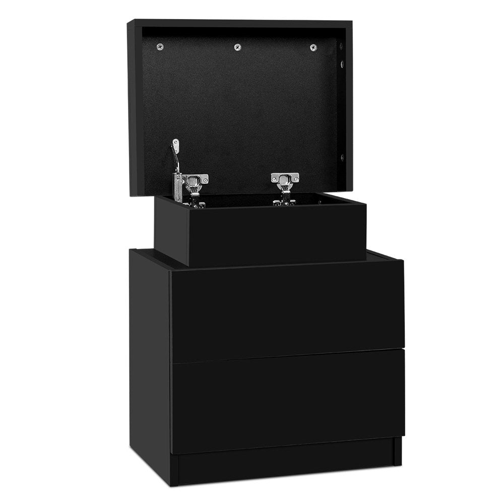 Coley Bedside Table 2 Drawers Lift-up Storage Black