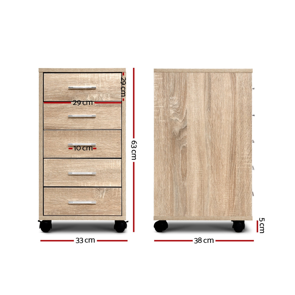 Mobile 5-Drawer Filing Cabinet Wood Office Storage Organiser