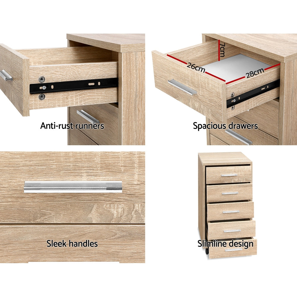 Mobile 5-Drawer Filing Cabinet Wood Office Storage Organiser