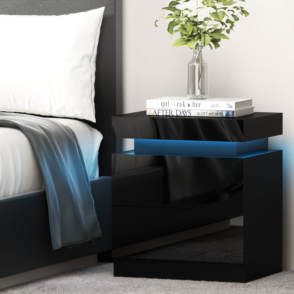 Coley Black Bedside Table LED 2 Drawers Lift-up Storage