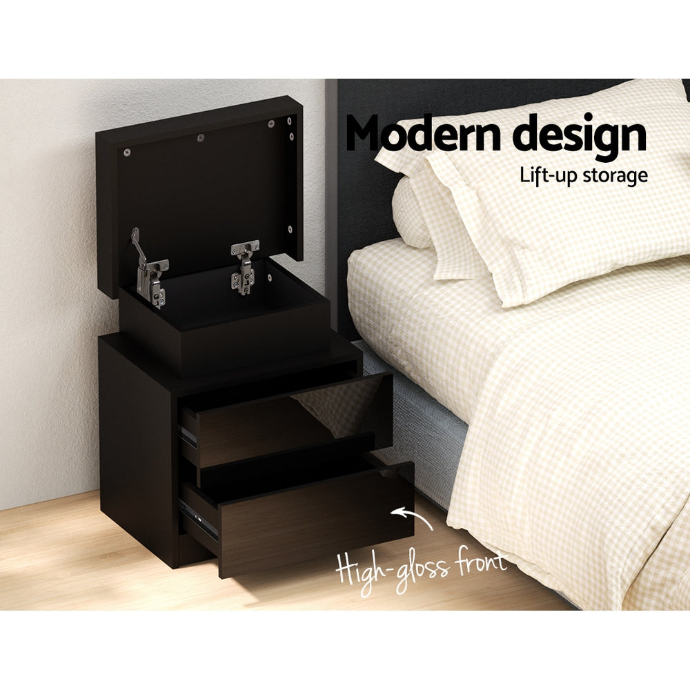 Coley Black Bedside Table LED 2 Drawers Lift-up Storage
