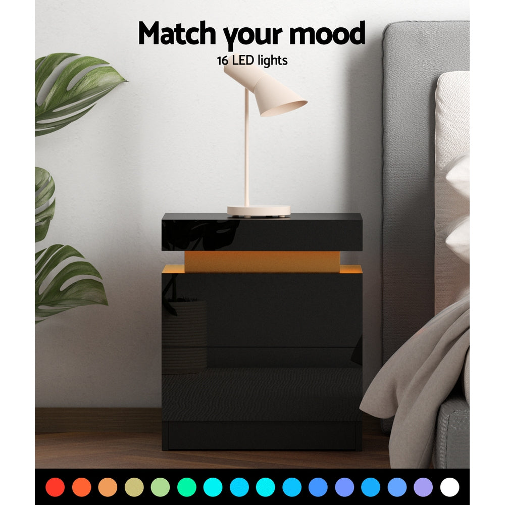 Coley Black Bedside Table LED 2 Drawers Lift-up Storage