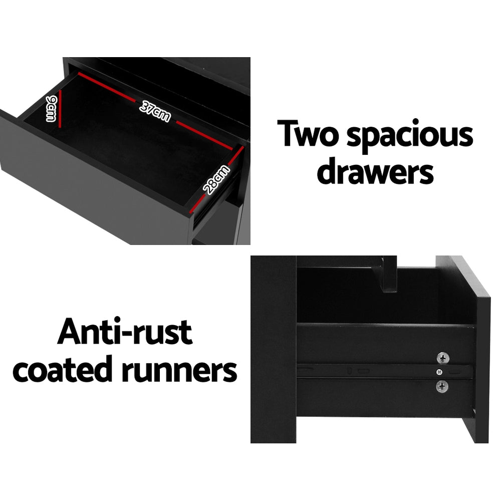 Coley Black Bedside Table LED 2 Drawers Lift-up Storage