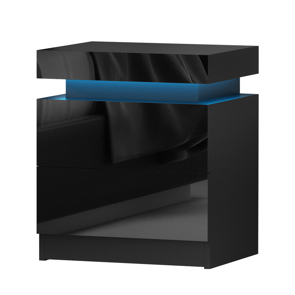 Coley Black Bedside Table LED 2 Drawers Lift-up Storage