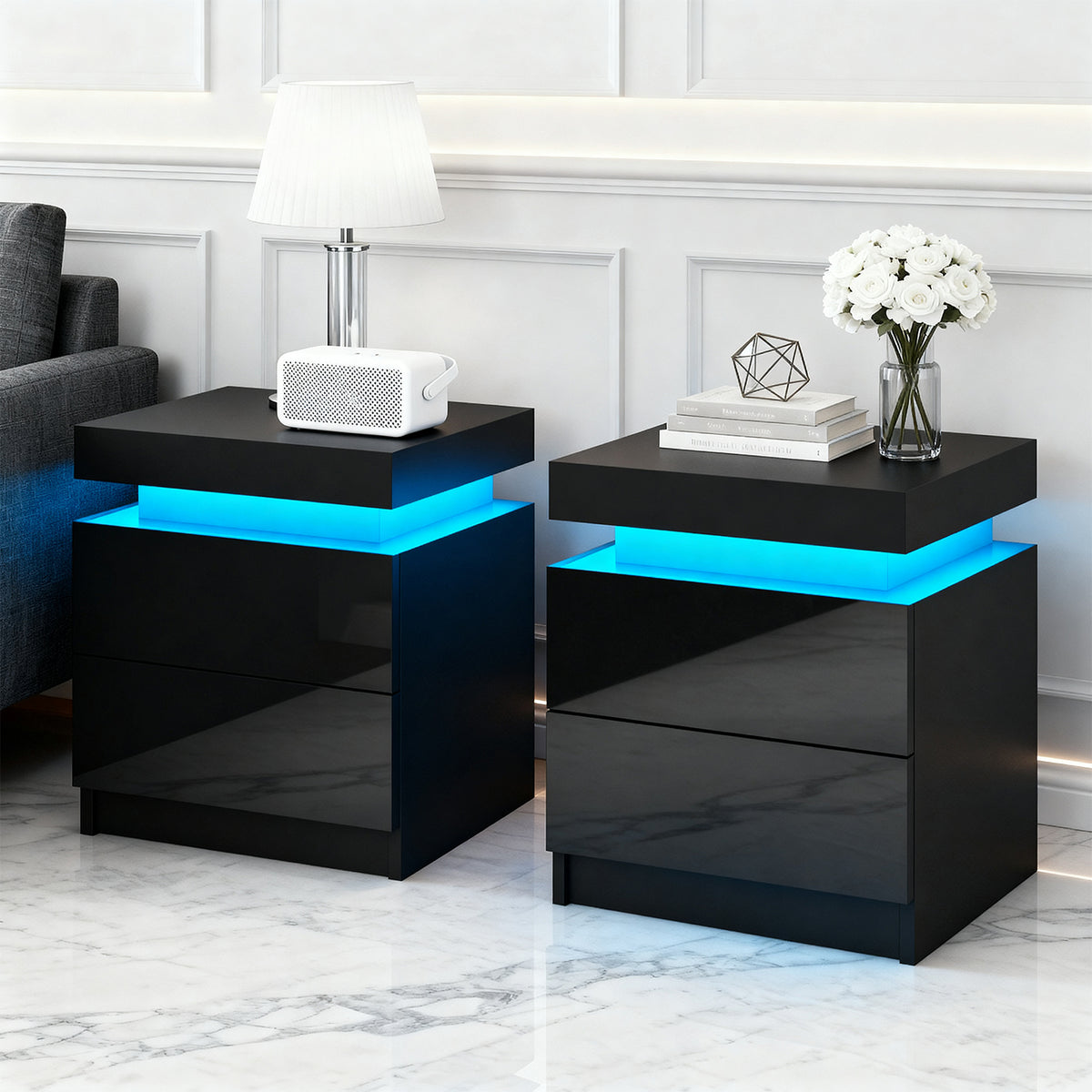 Coley 2 Drawer LED Bedside Table with Lift-up Storage Black