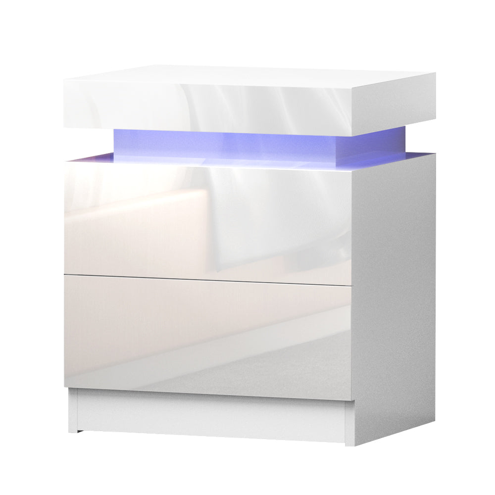 Coley Bedside Table LED 2 Drawers Lift-up Storage White