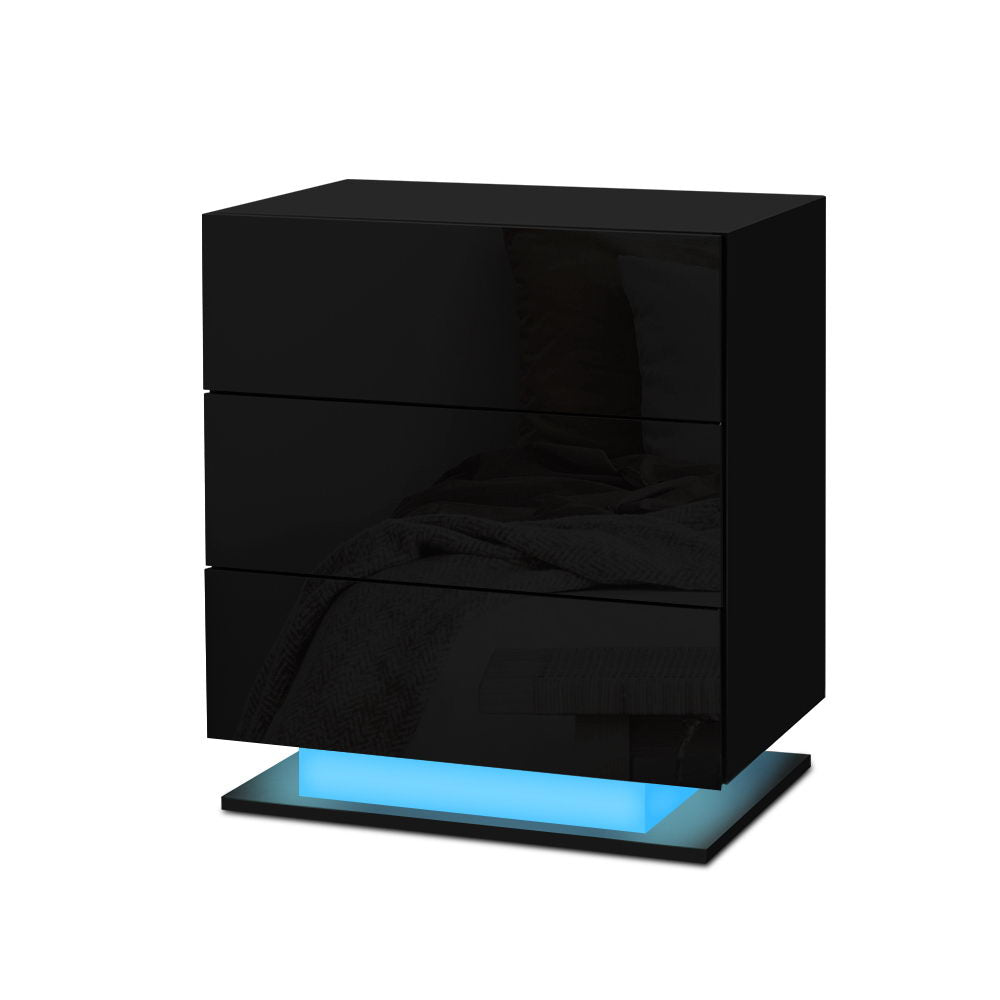 Mori LED Bedside Table with 3 Drawers in Black